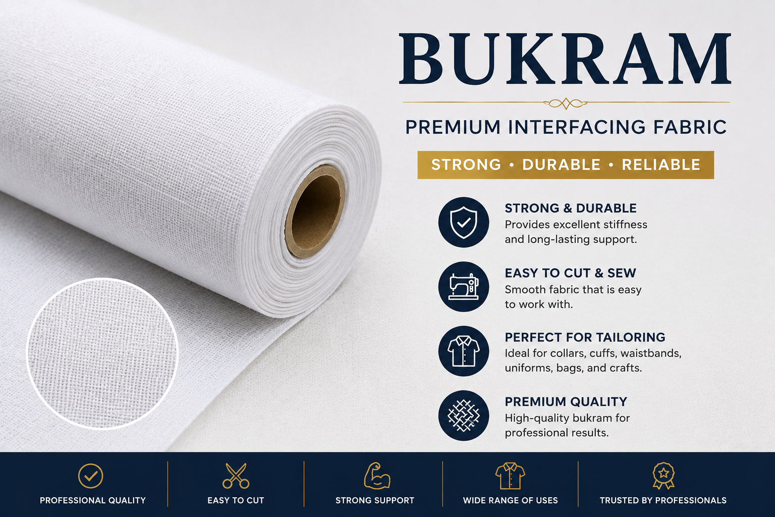 White Bukram Fabric – Sewing & Tailoring Interfacing | Multiple Widths Available