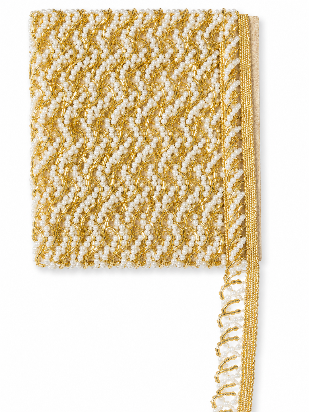 Pearl Beaded Gold Trim – Decorative Pearl Lace Border for Sarees, Lehengas & Bridal Wear