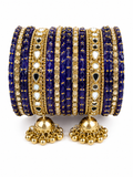 Royal Blue & Gold Kashmiri Bridal Bangle Set with Mirror Stones & Jhumka Charms | Traditional Punjabi Chooda Style
