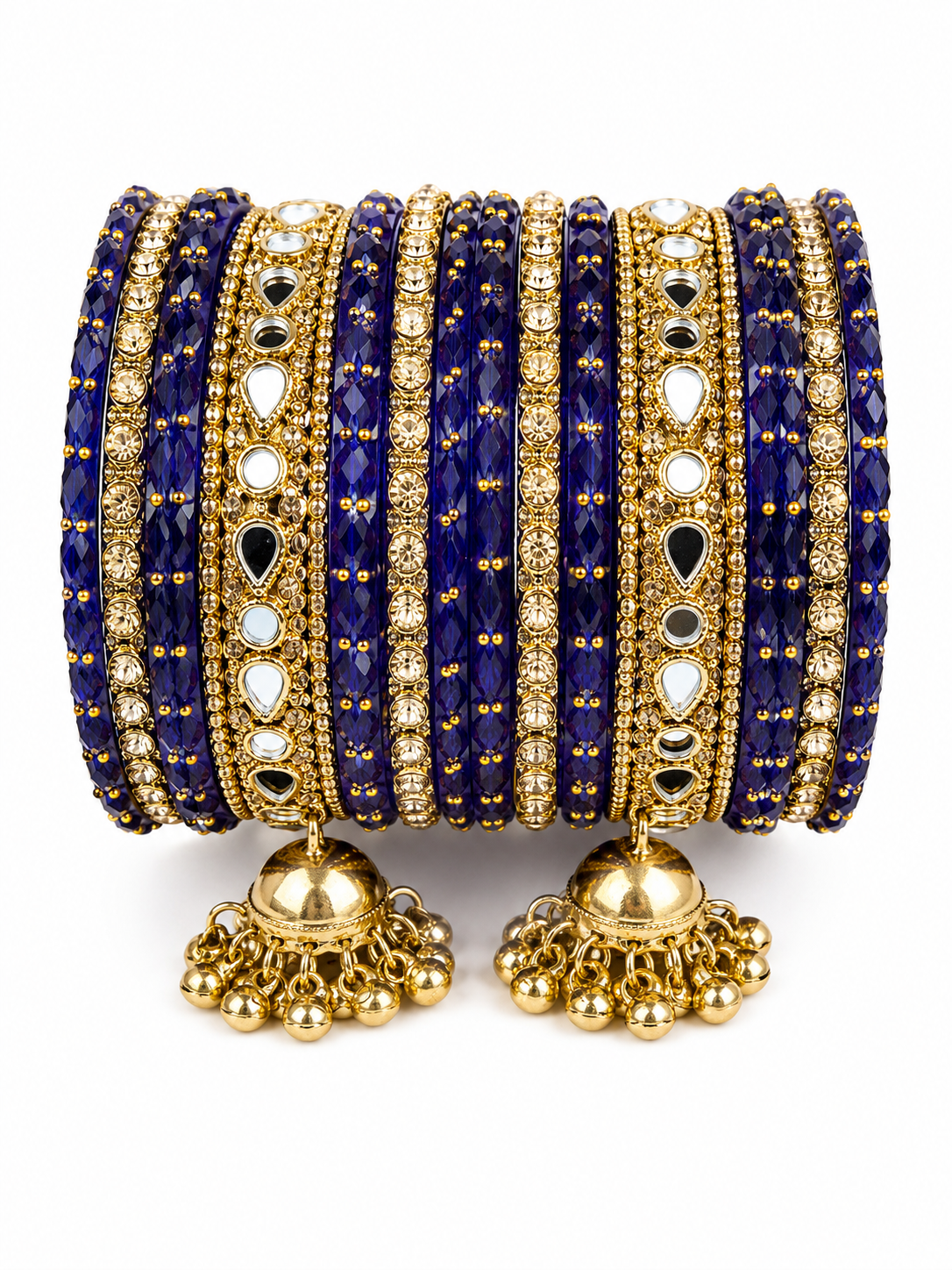 Royal Blue & Gold Kashmiri Bridal Bangle Set with Mirror Stones & Jhumka Charms | Traditional Punjabi Chooda Style