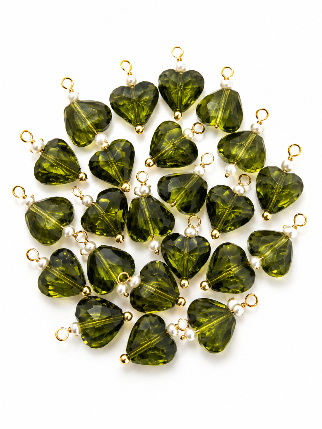 Olive Green Heart Crystal Decorative Charm – Gold Loop Pendant for DIY Latkan, Jewelry & Craft Projects