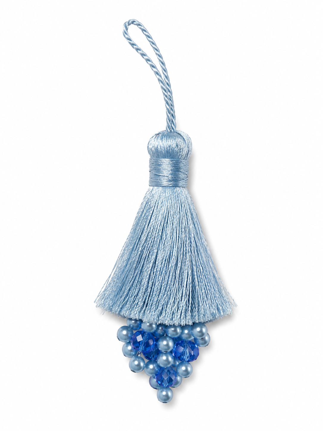 Light Blue Thread Tassel Latkan with Pearl & Crystal Beads – 1 Piece