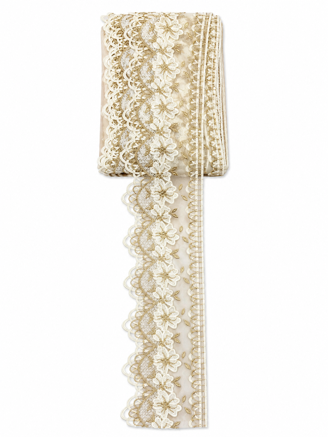 Luxury Gold & Ivory Floral Embroidered Border Lace – Premium Decorative Trim (Sold by the Meter)