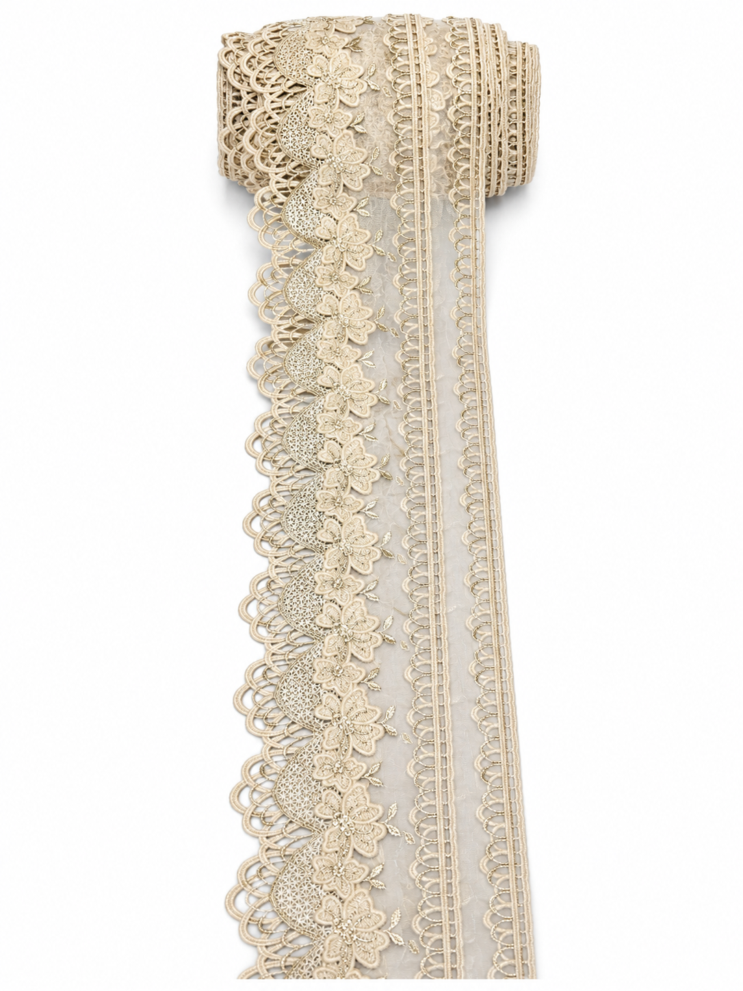Premium Beige Floral Embroidered Lace Trim – Elegant Scalloped Decorative Border (Sold by Meter)