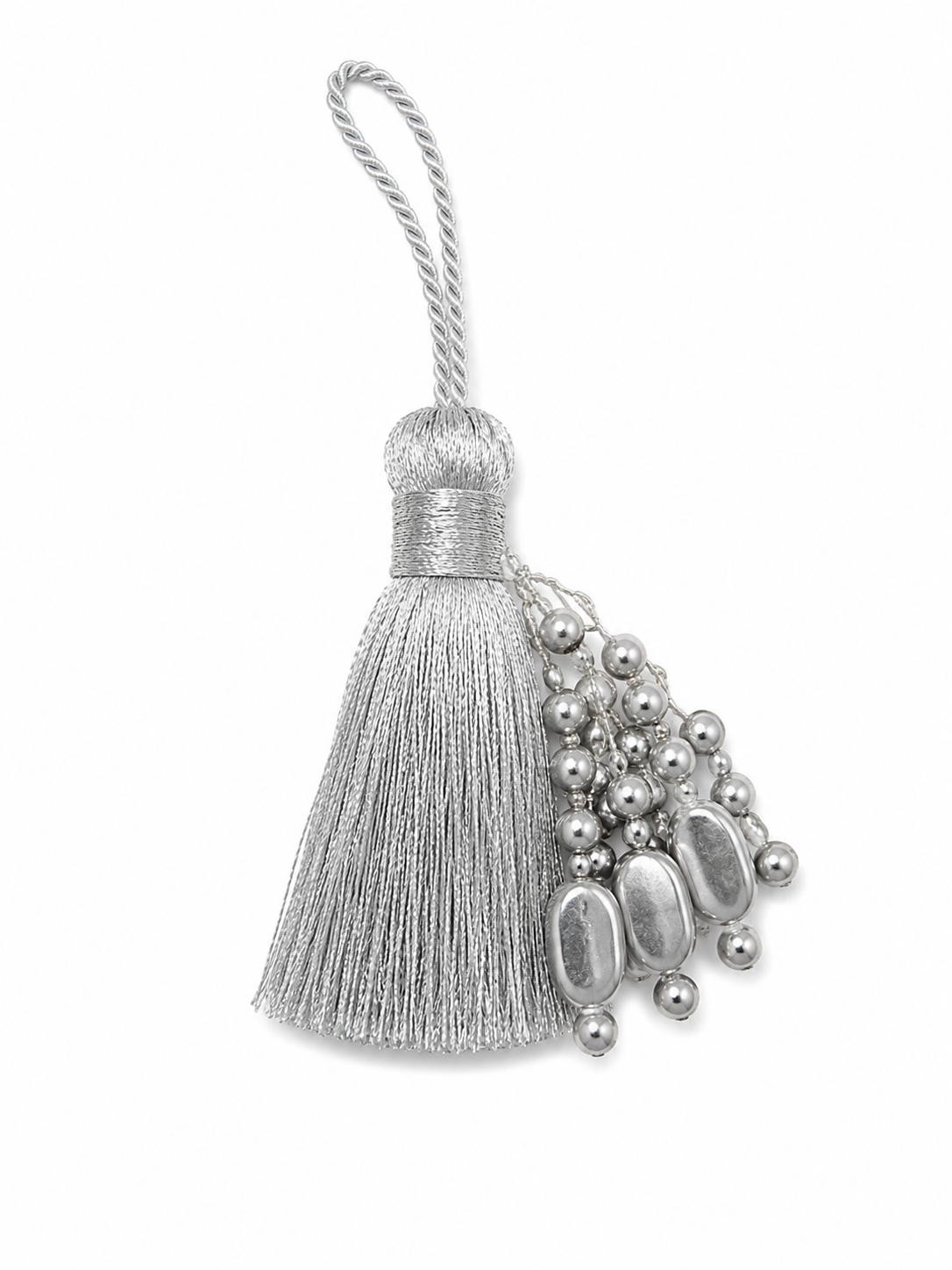 Silver Thread Tassel Latkan with Metallic Beads – 1 Piece