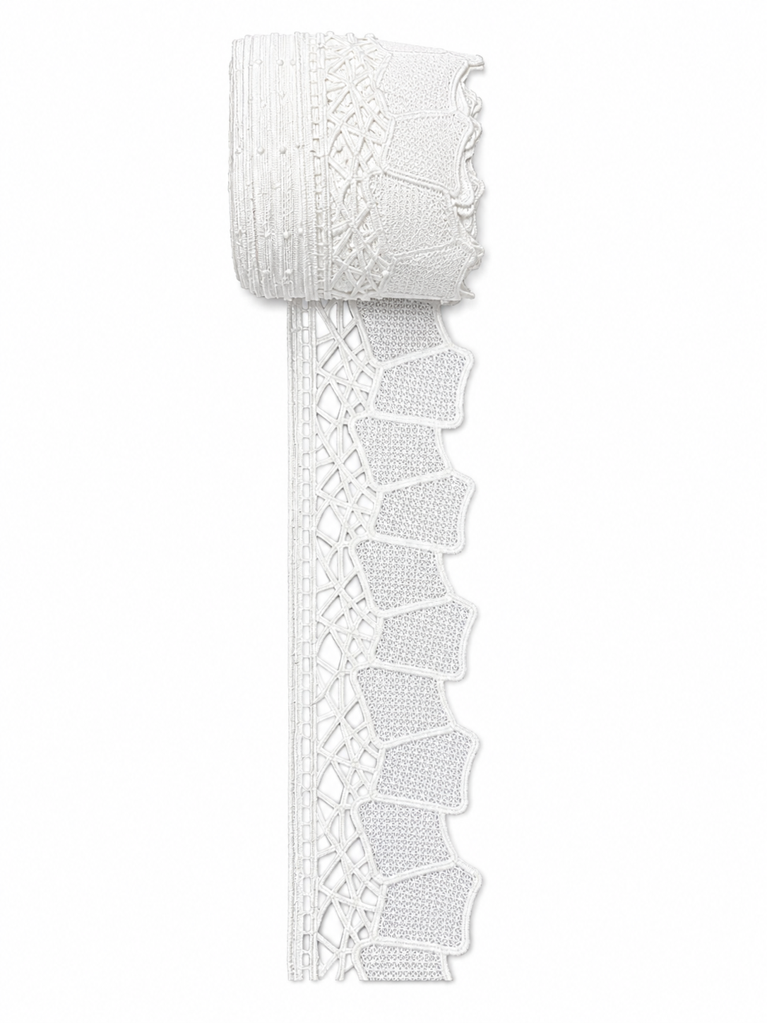 Premium White Geometric Embroidered Lace Trim – Decorative Scalloped Border (Sold by Meter)