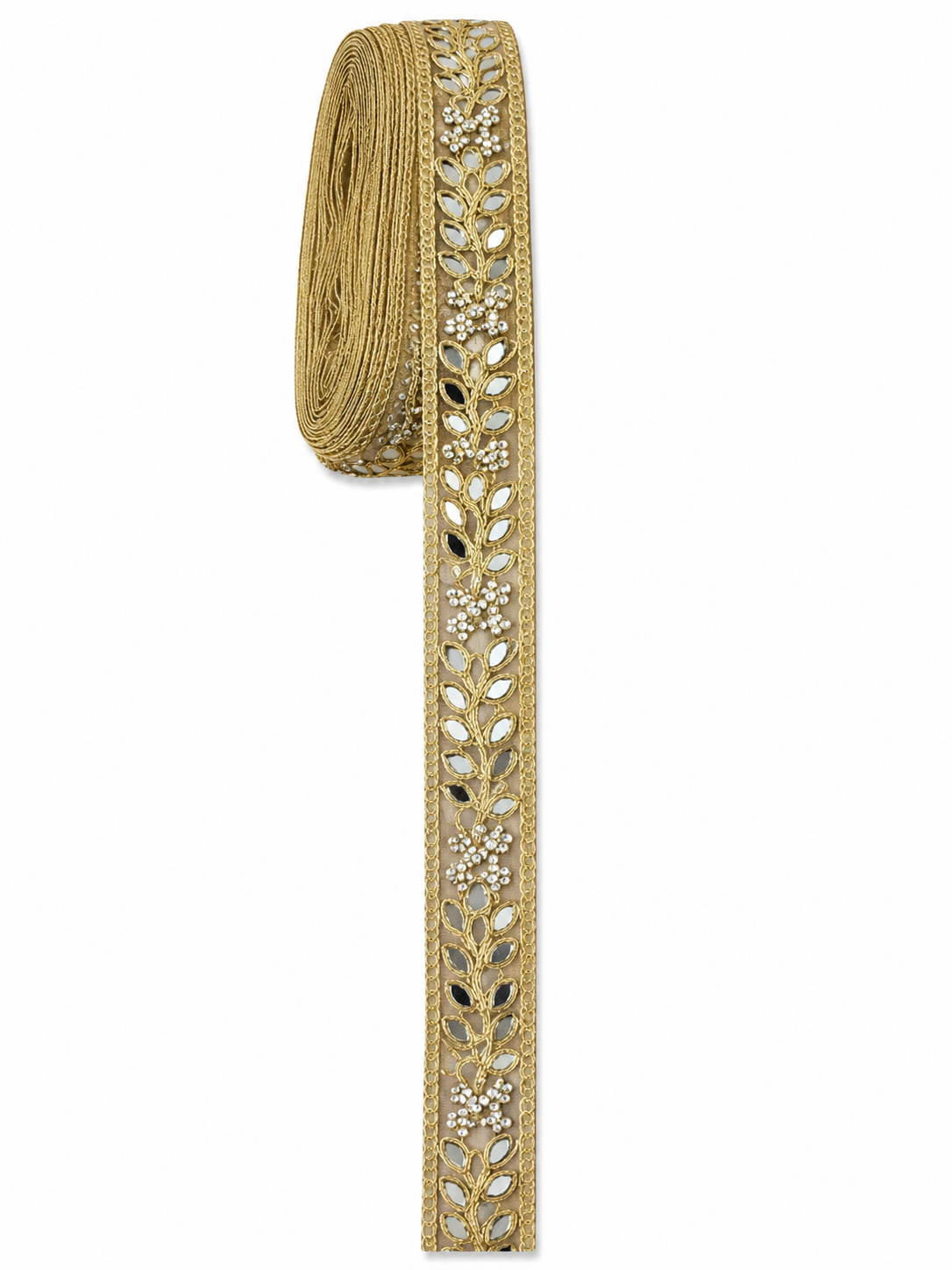 Premium Gold Mirror Floral Lace Trim – Decorative Embroidered Border (Sold by Meter)