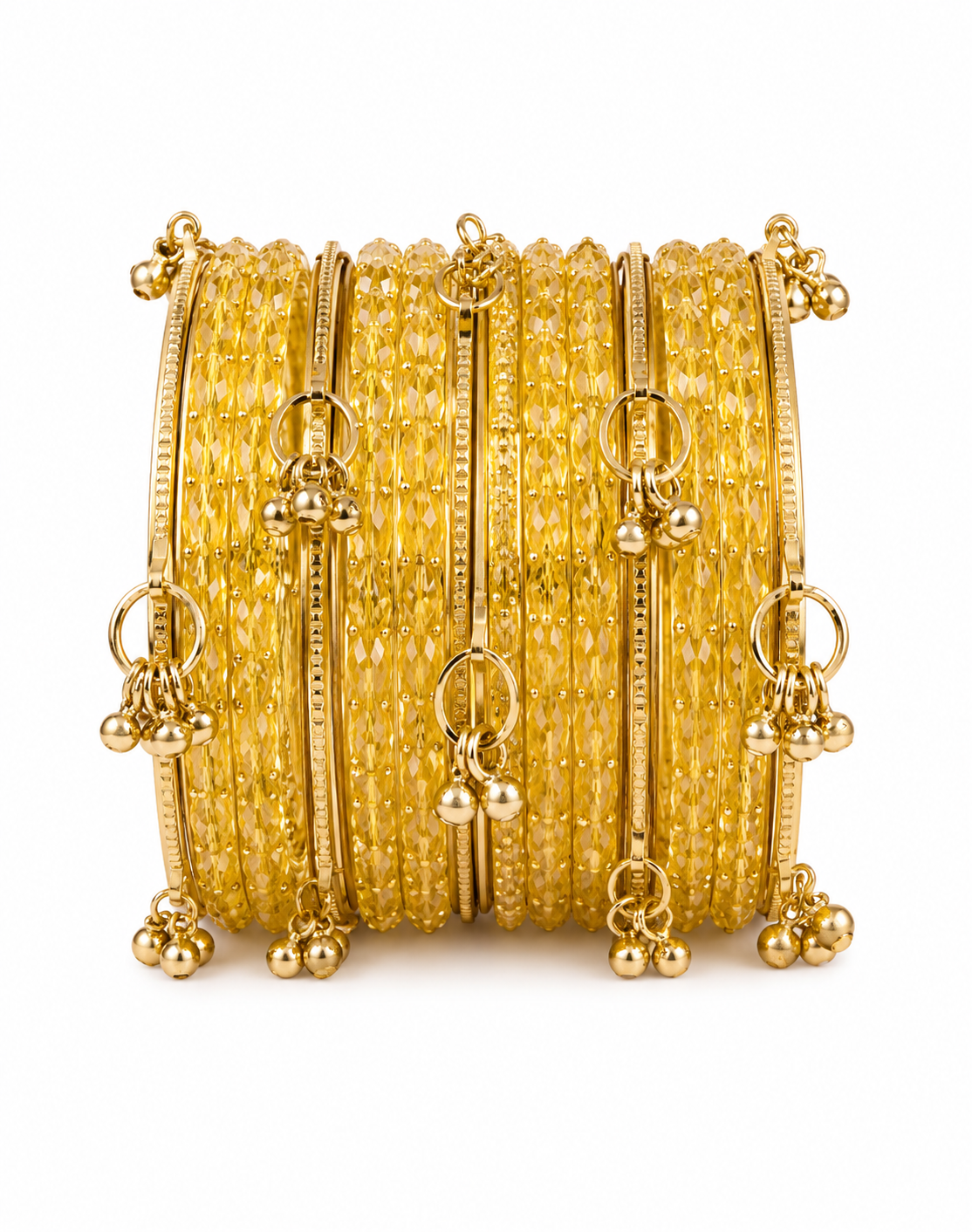 Golden Crystal Kashmiri Bangle Set with Ghungroo Charms | Traditional Punjabi Bangles for Women