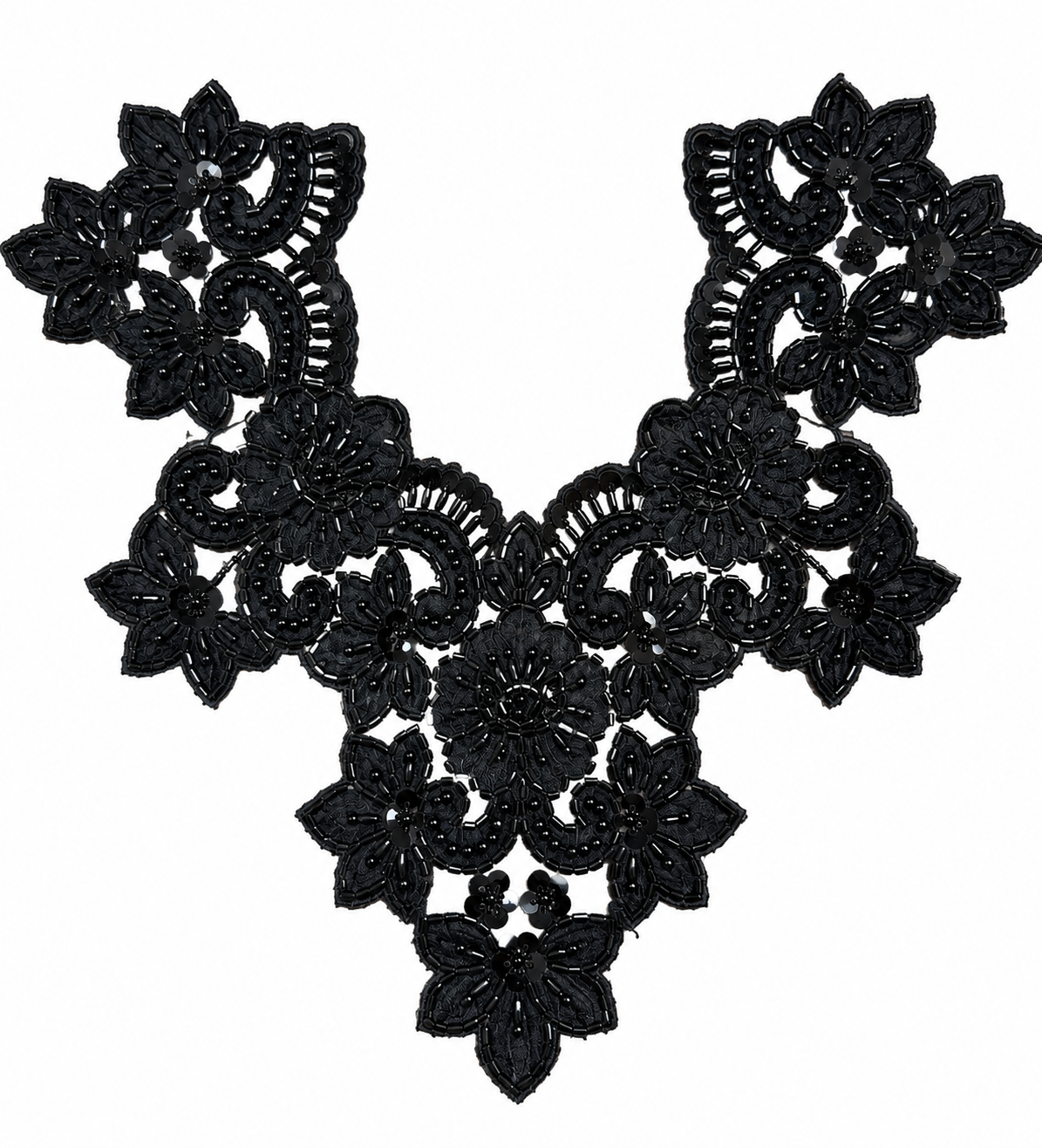Premium Beaded Neck Appliqué Patch – Black Floral Design