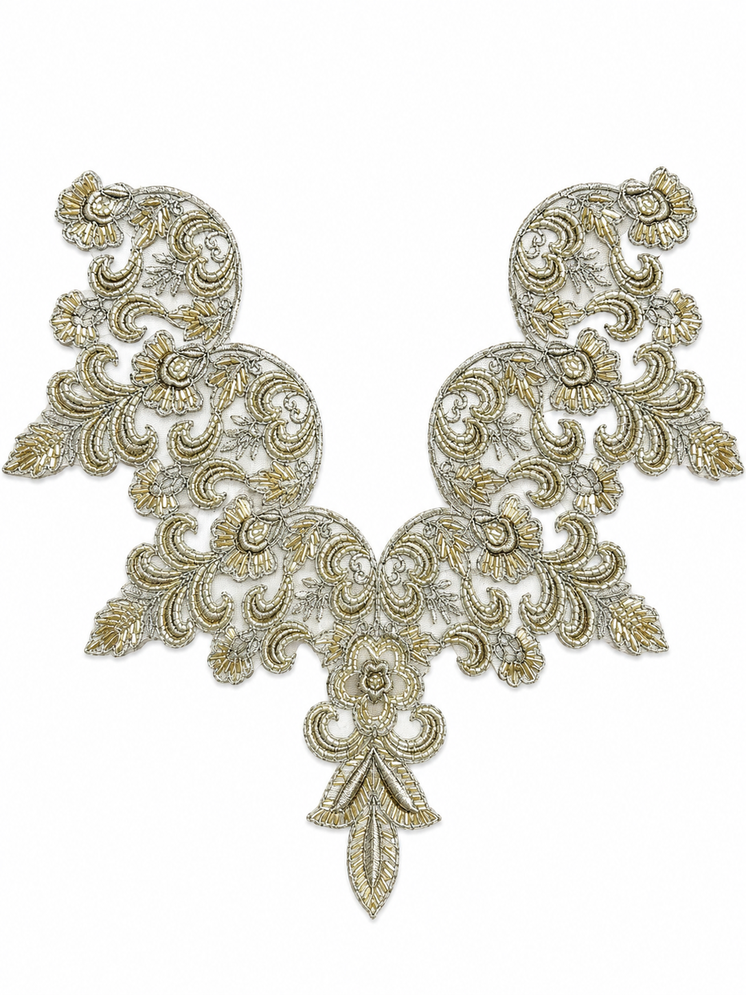 Champagne Gold Floral Lace Neck Appliqué – Embroidered V-Neck Sew-On Patch for Kurtis, Blouses & Dresses
