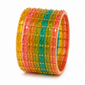 Multicolor Crystal Bangle Set (12 Bangles) with Gold Stud Detailing | Traditional Punjabi Bangles for Women