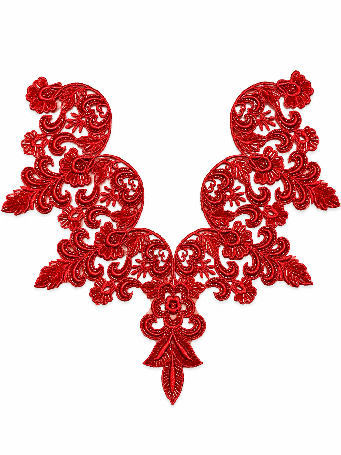 Red Floral Lace Neck Appliqué – Embroidered V-Neck Sew-On Patch for Kurtis, Blouses & Dresses