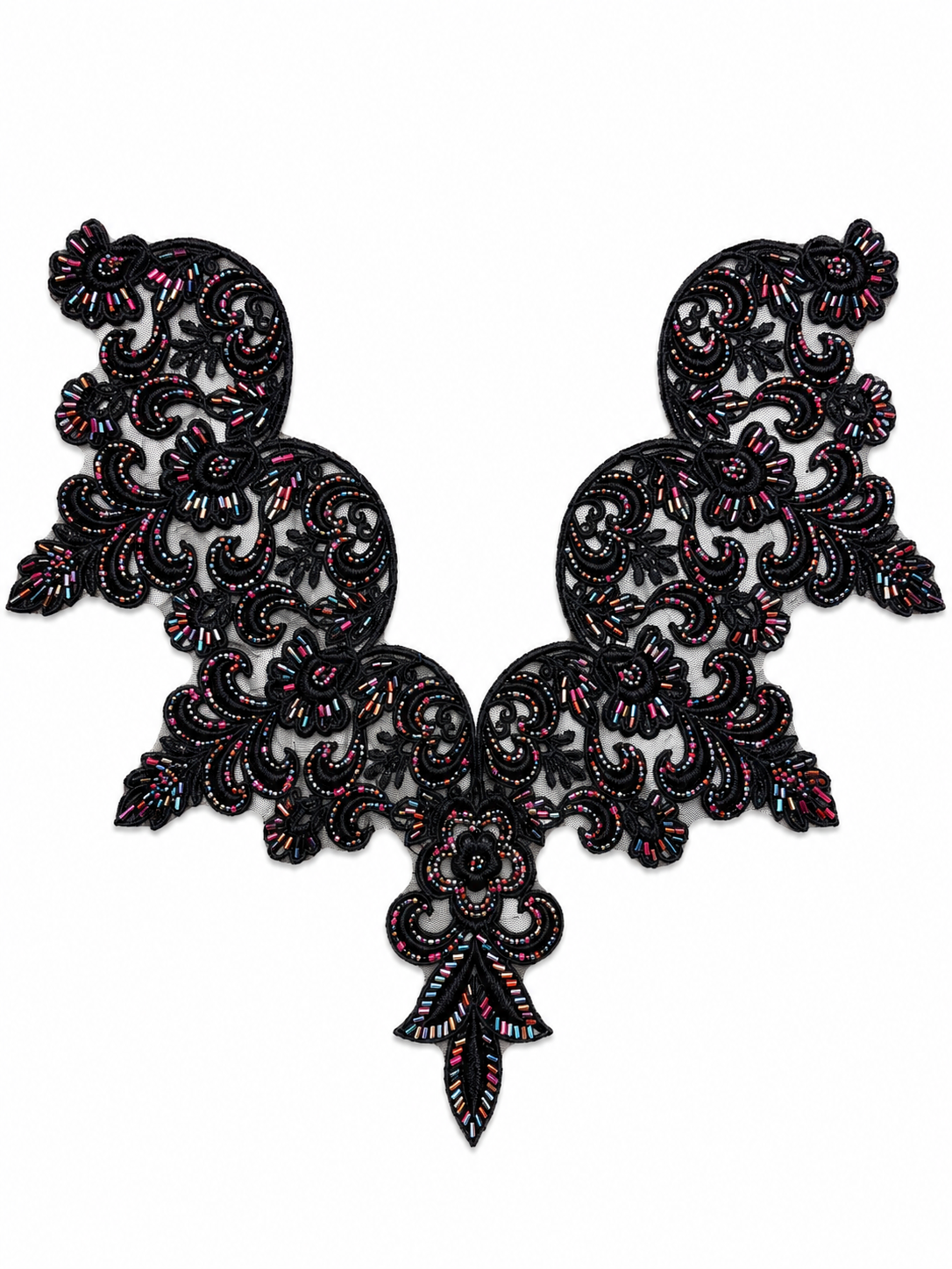 Black Beaded Floral Lace Neck Appliqué – Embroidered V-Neck Sew-On Patch for Kurtis, Blouses & Dresses