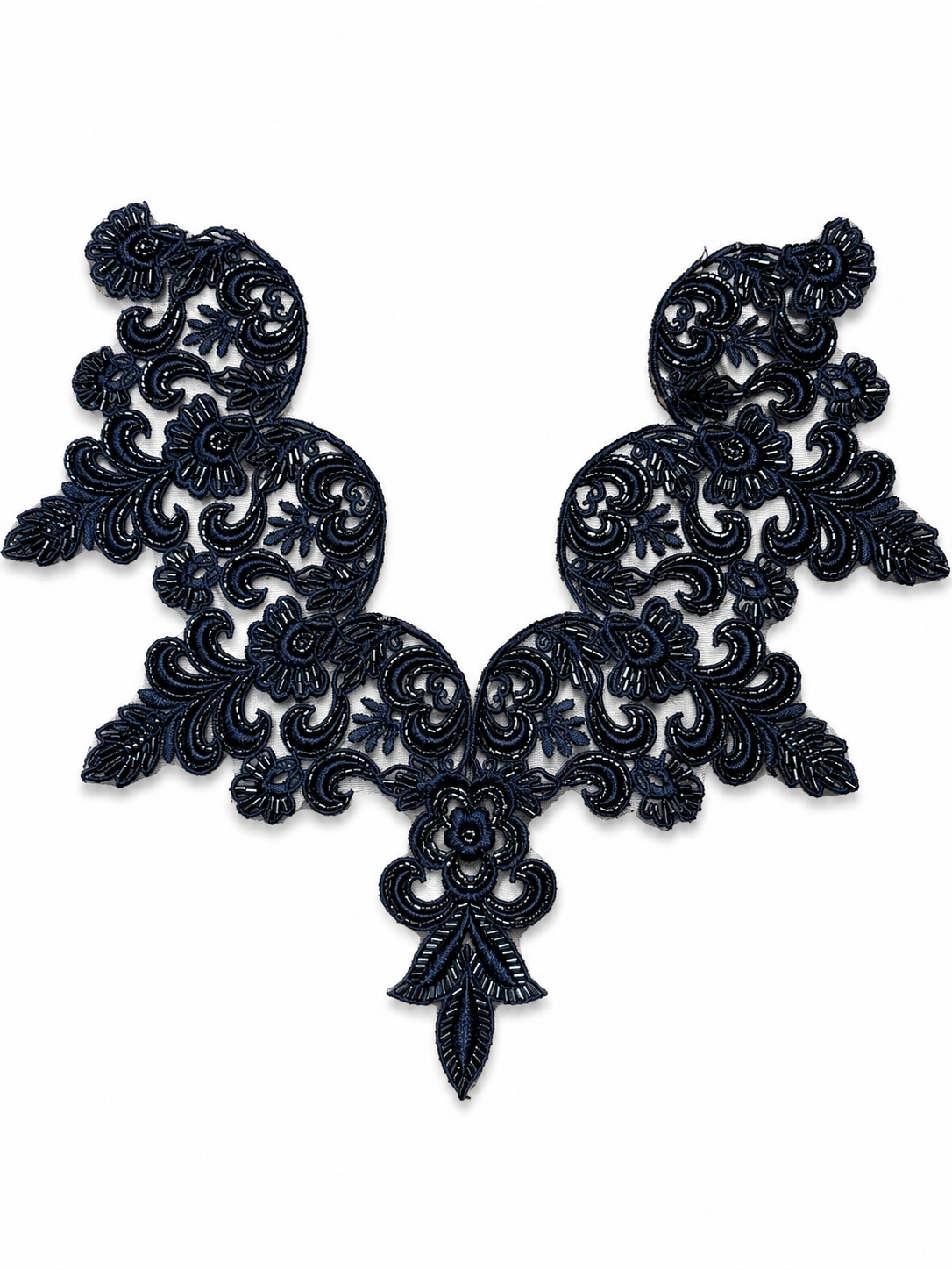 Dark Navy Floral Lace Neck Appliqué – Embroidered V-Neck Sew-On Patch for Kurtis, Blouses & Dresses
