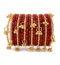 Ruby Red Crystal Kashmiri Bangle Set with Twisted Gold Bangles & Ghungroo Charms | Traditional Bridal Bangles for Women