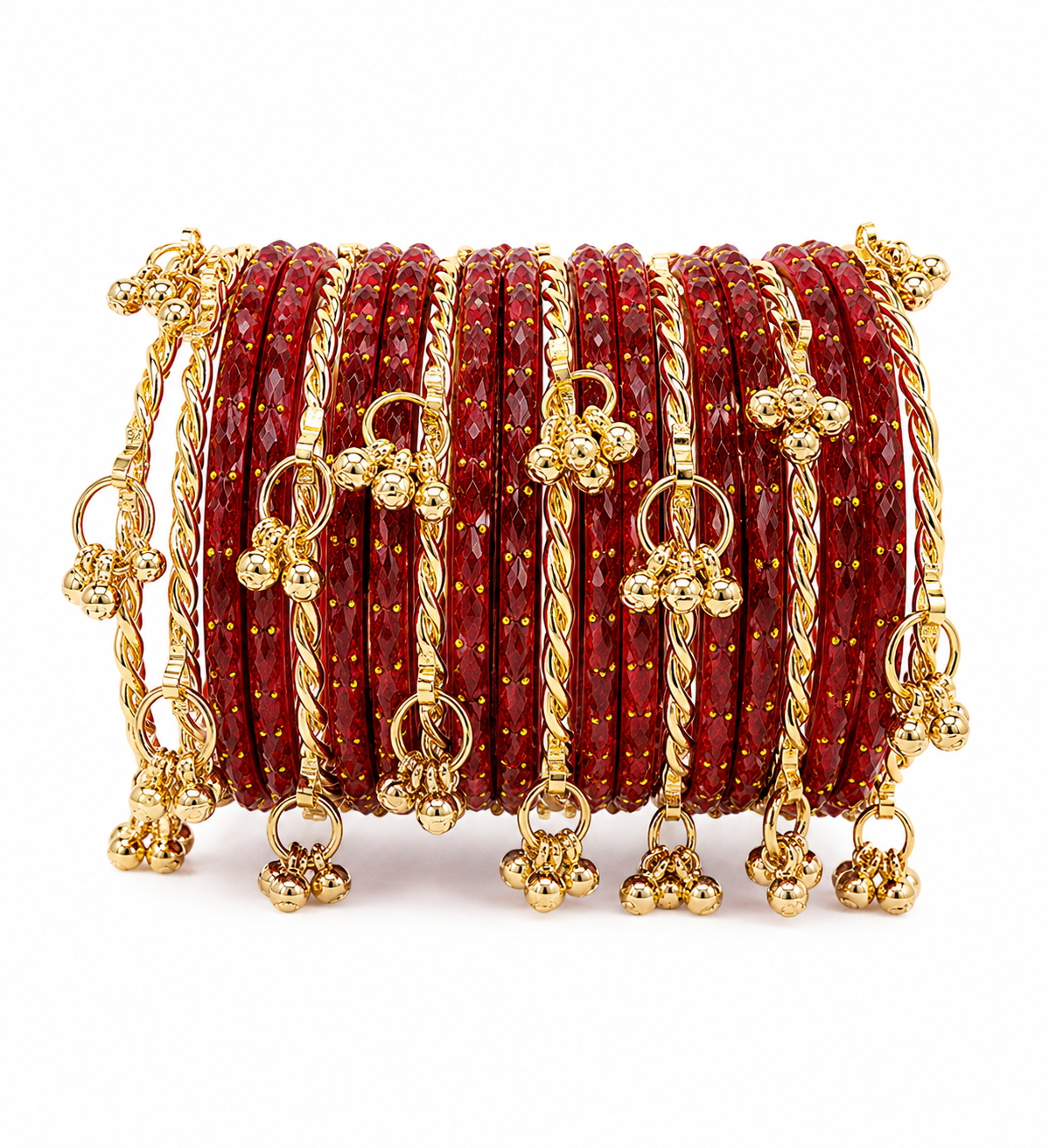 Ruby Red Crystal Kashmiri Bangle Set with Twisted Gold Bangles & Ghungroo Charms | Traditional Bridal Bangles for Women