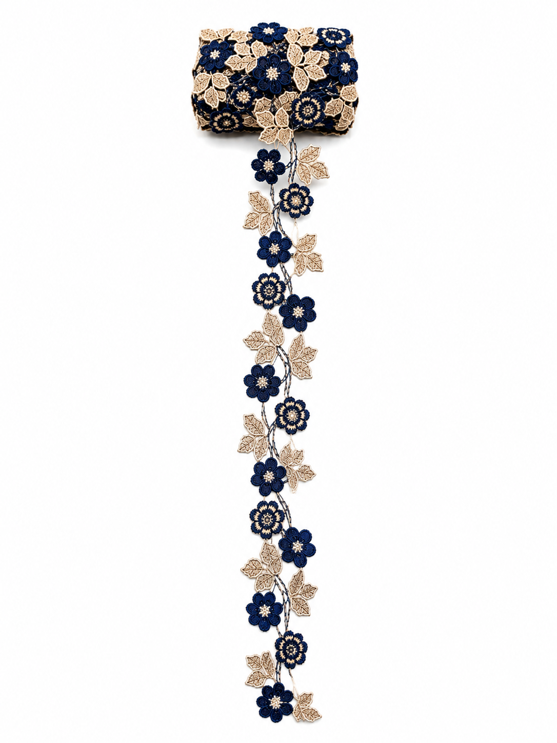 Navy Blue Floral Embroidered Lace Trim – Decorative Flower Border | Sold by the Meter