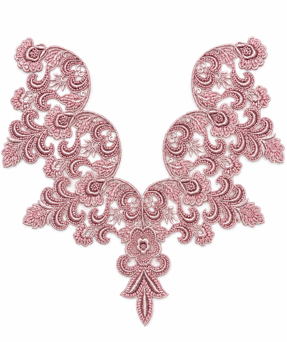 Dusty Rose Floral Lace Neck Appliqué – Embroidered V-Neck Sew-On Patch for Dresses, Kurtis & Blouses