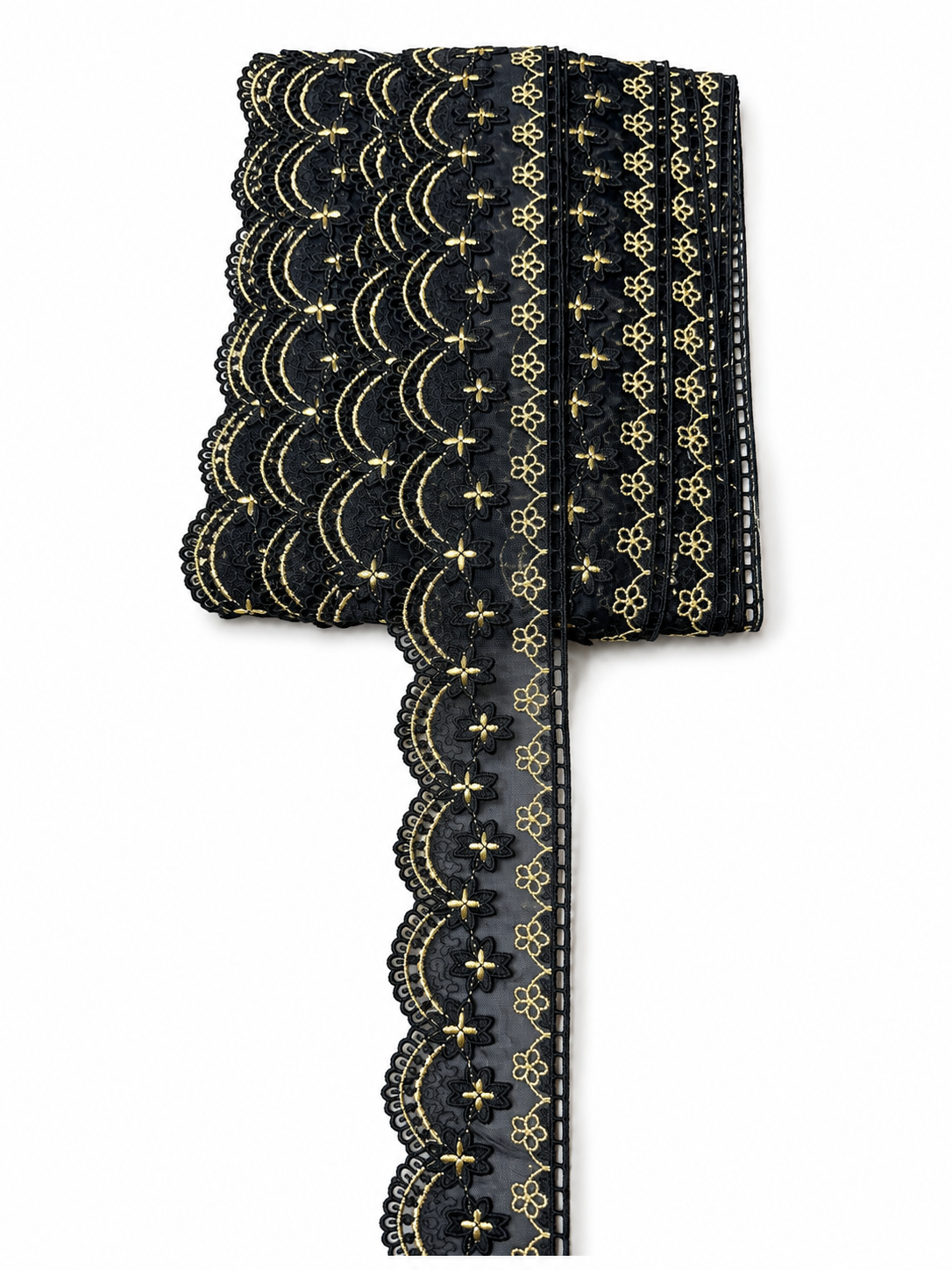 Premium Black & Gold Embroidered Lace Trim – Elegant Scalloped Decorative Border (Sold by Meter)