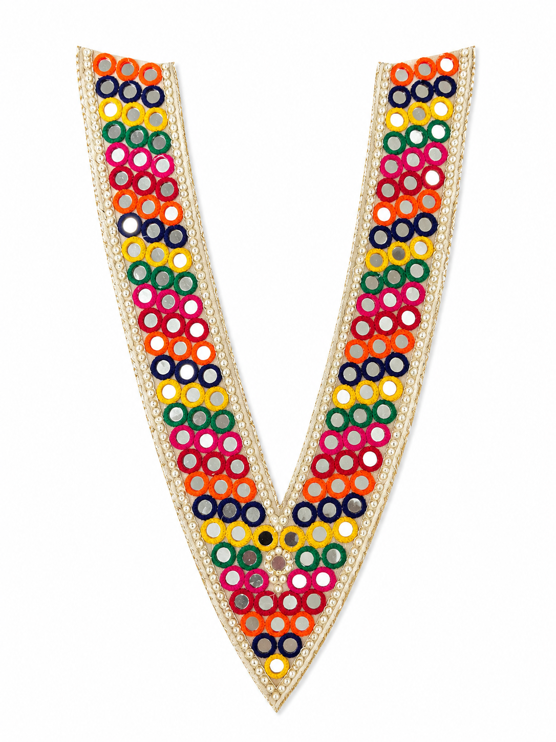 Premium Multicolor Mirror Neck Patch – Traditional Embroidered V-Neck Appliqué (1 Piece)