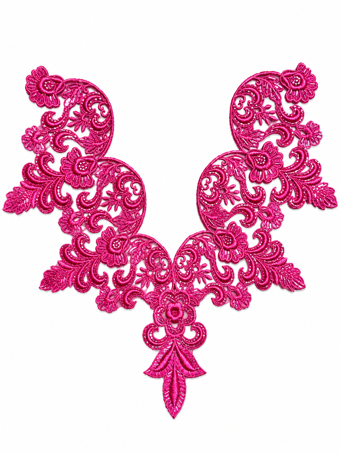 Hot Pink Floral Lace Neck Appliqué – Embroidered V-Neck Sew-On Patch for Kurtis, Blouses & Dresses
