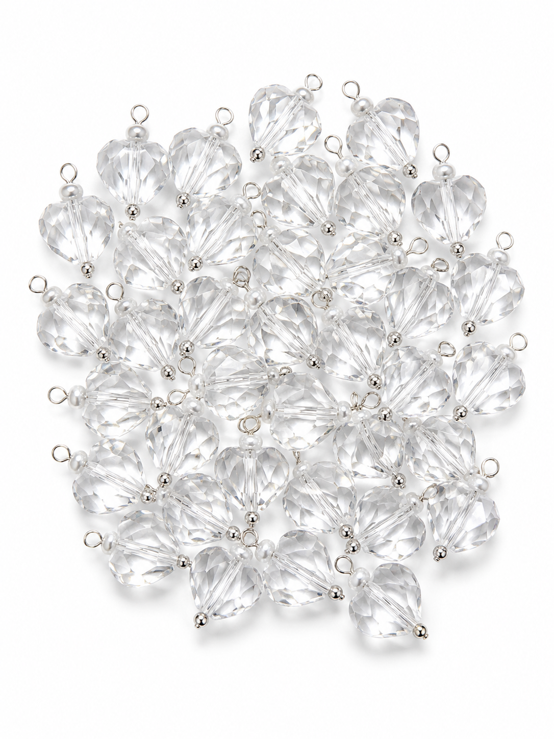 Clear Crystal Heart Decorative Charm with Pearl Accent – Silver Loop Pendant for DIY Latkan, Jewelry & Craft Projects