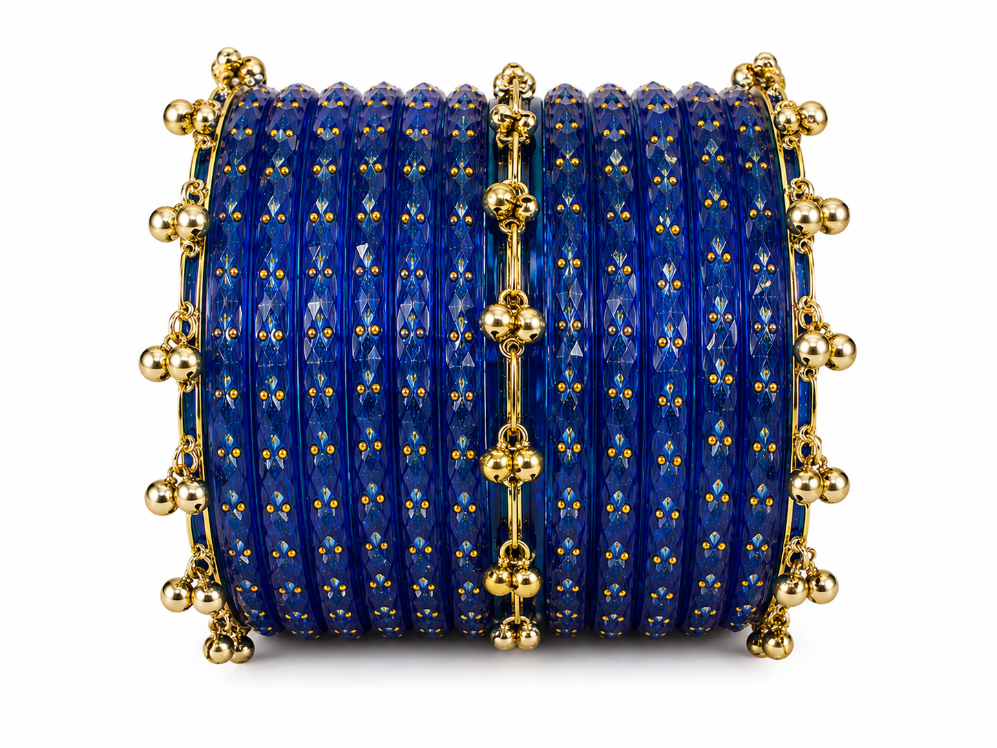 Royal Blue Crystal Kashmiri Bangle Set with Gold Ghungroo Charms | Traditional Bridal Bangles for Women