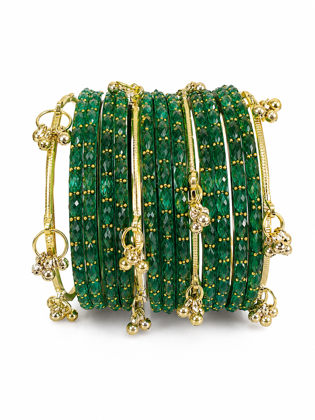 Traditional Emerald Green Crystal Bridal Bangle Set with Gold Charm Kadas
