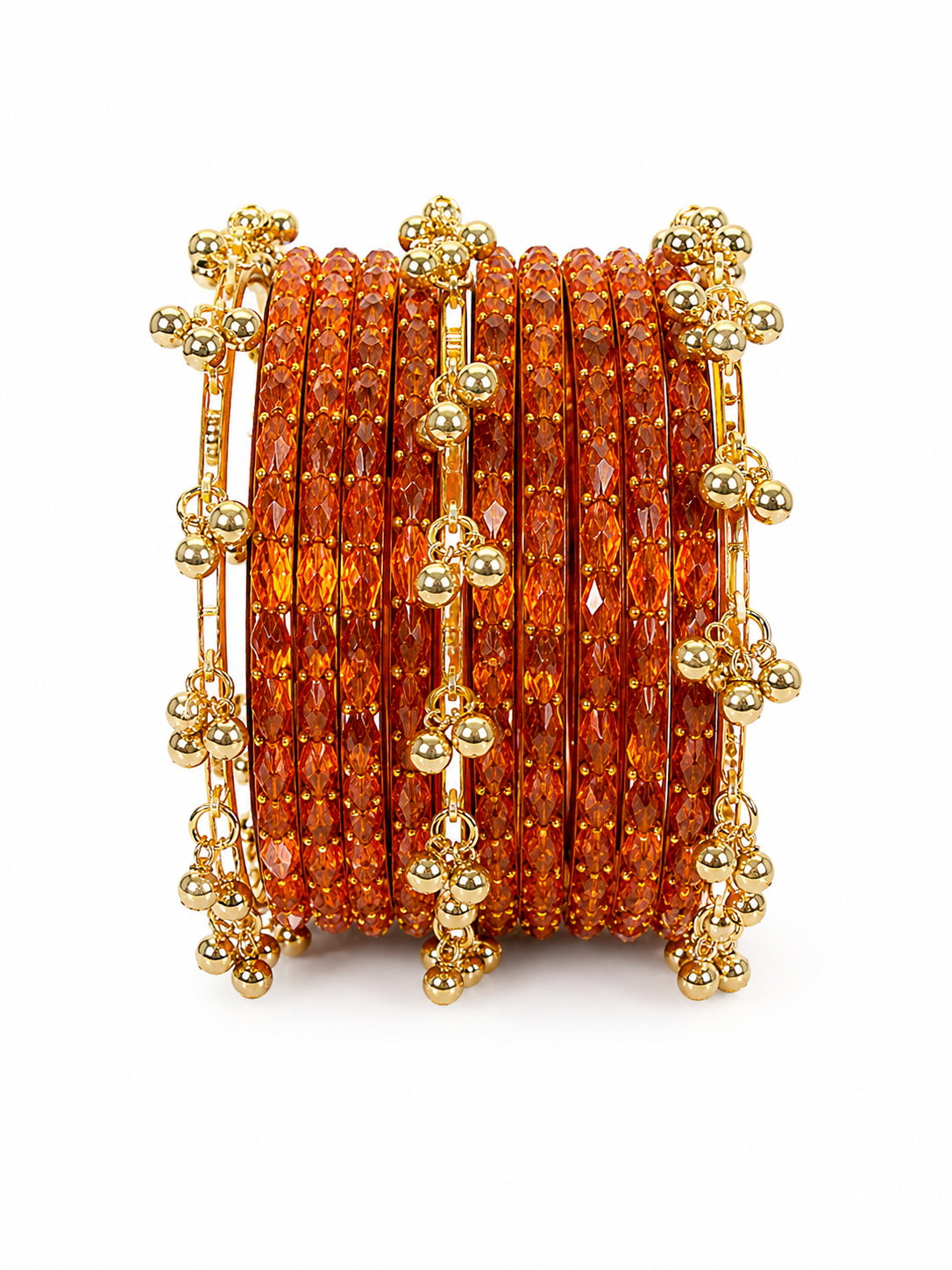 Traditional Orange Crystal Bridal Bangle Set with Gold Charm Kadas