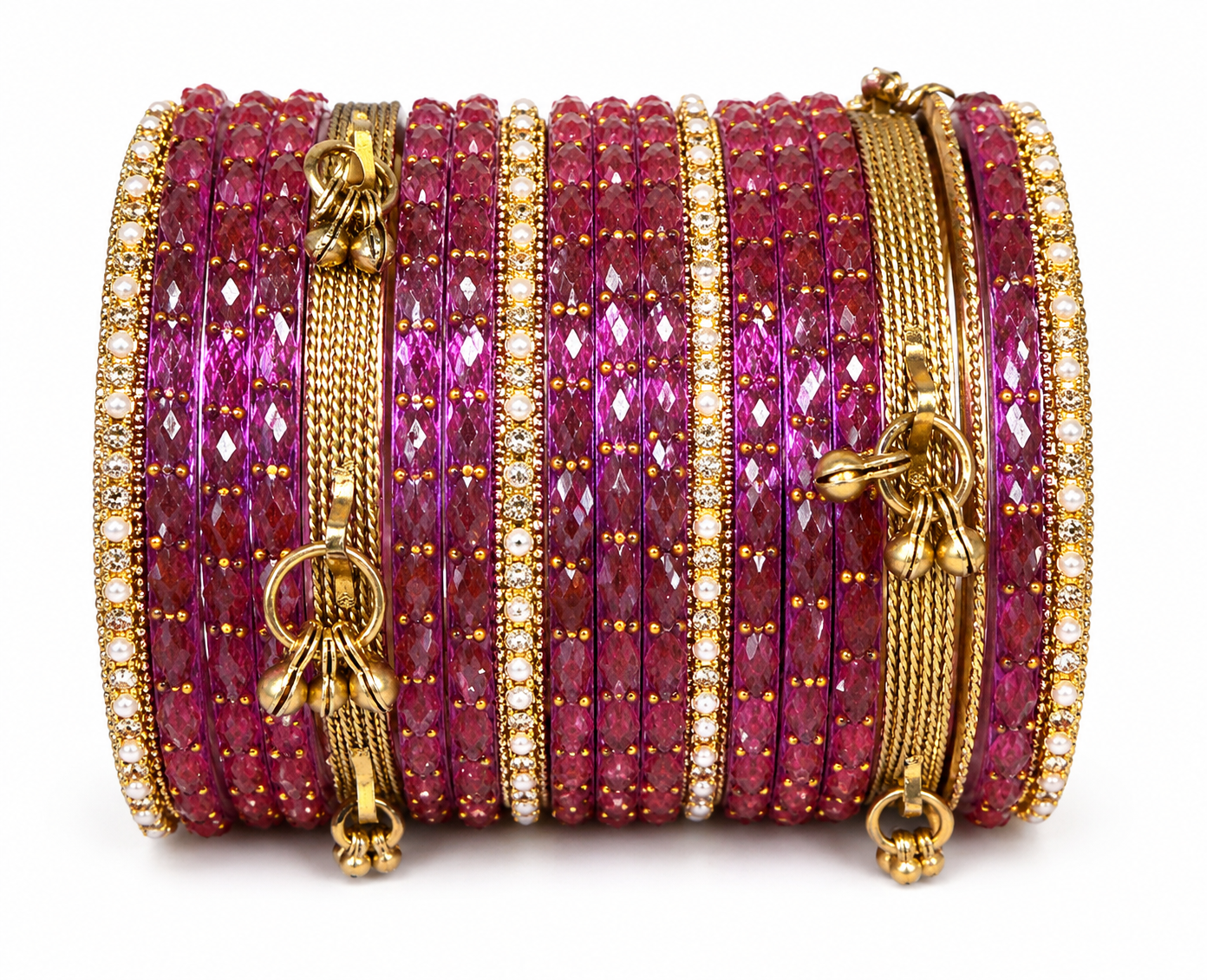 Traditional Pink Bridal Bangle Set – Premium Crystal & Gold Chura with Pearl Accents
