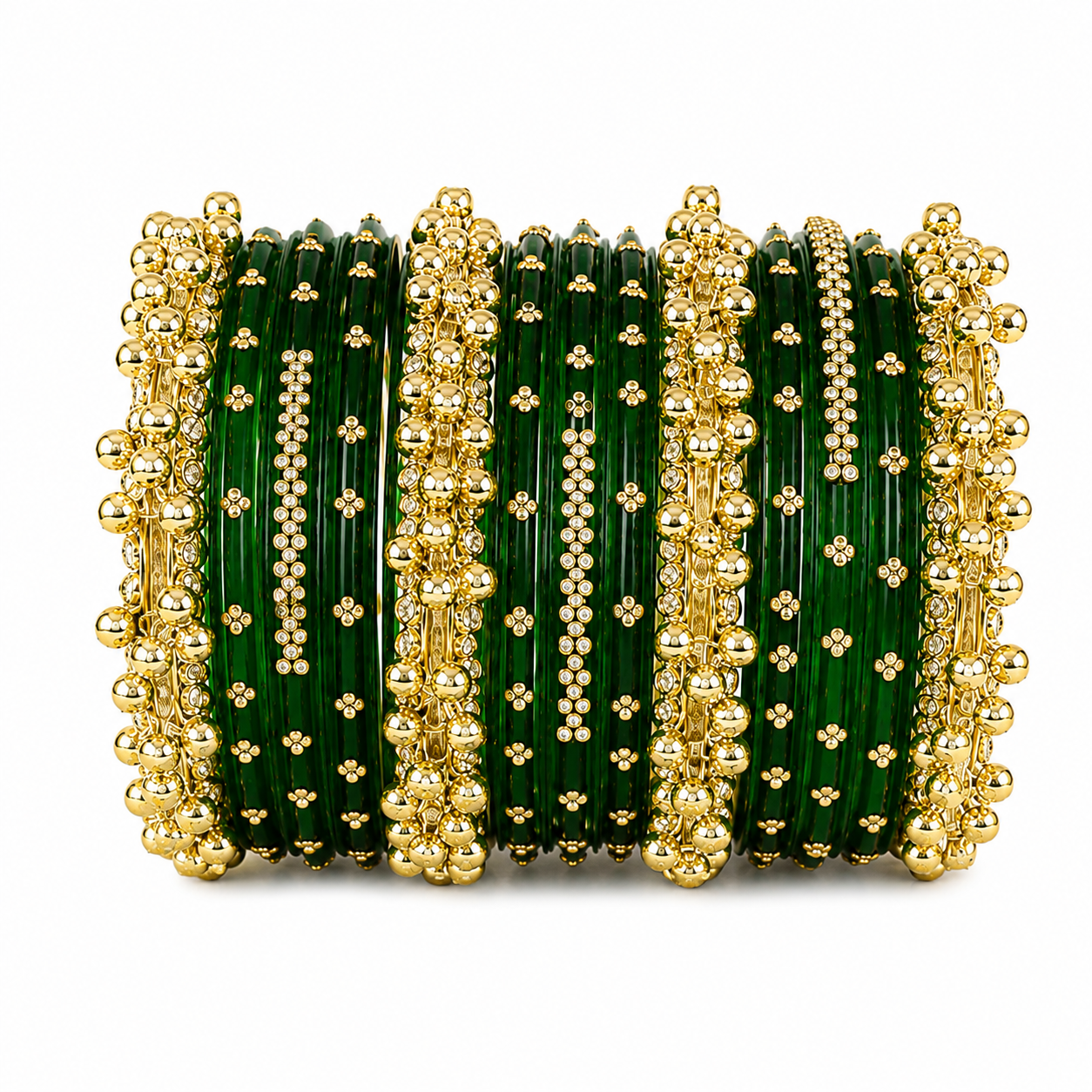 Emerald Green Stone Work Bangle Set with Golden Ghungroo Karas